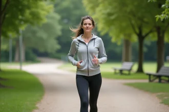 Femme de 48 ans marche dans un parc urbain calme