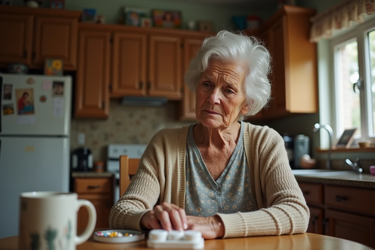 Femme âgée regardant son organisateur de médicaments