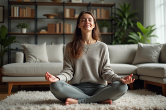 Femme méditant dans un salon moderne et cosy