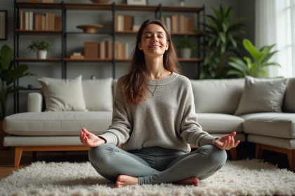 Femme méditant dans un salon moderne et cosy