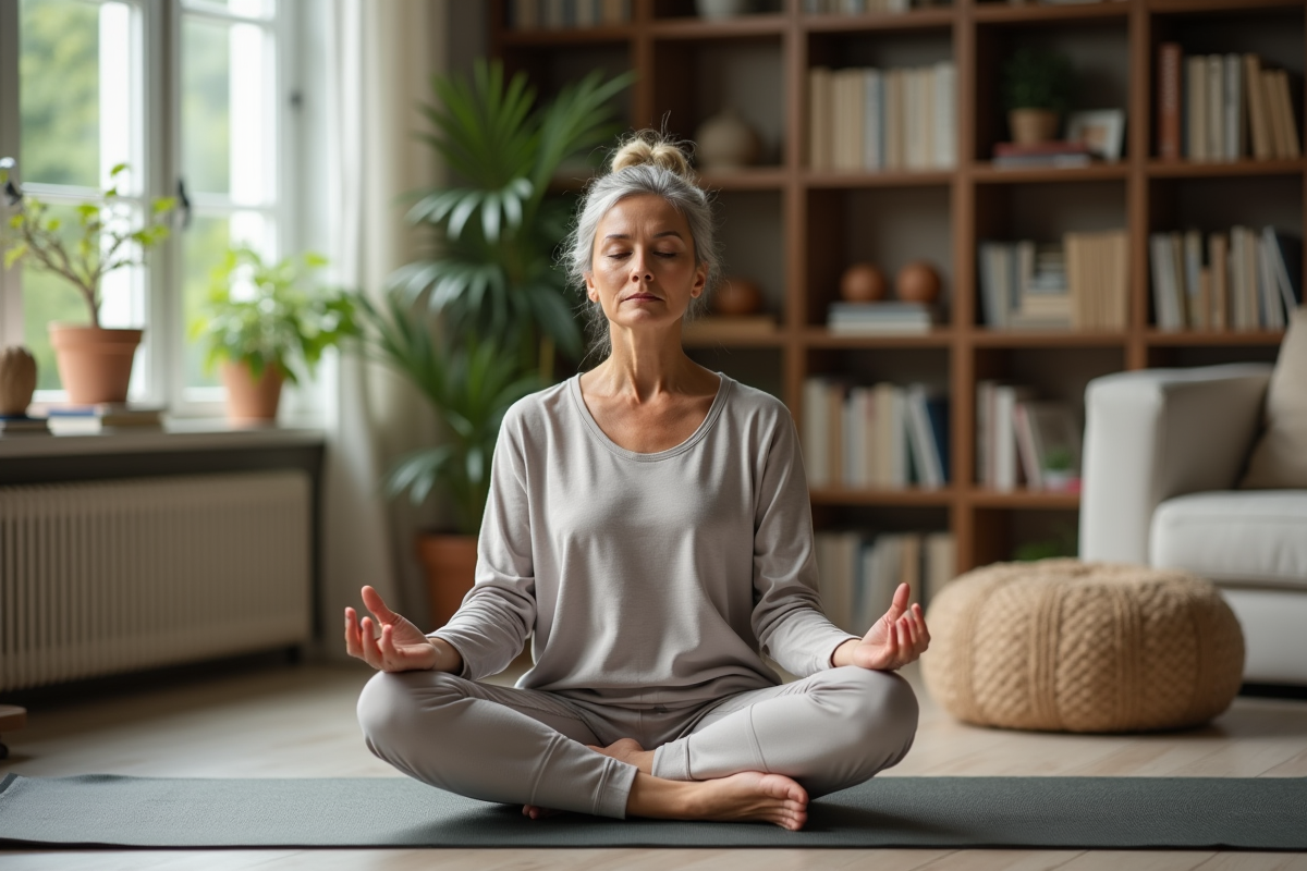 Femme méditant en yoga dans un salon cosy