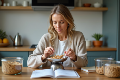 Femme mesurant du granola dans une cuisine moderne