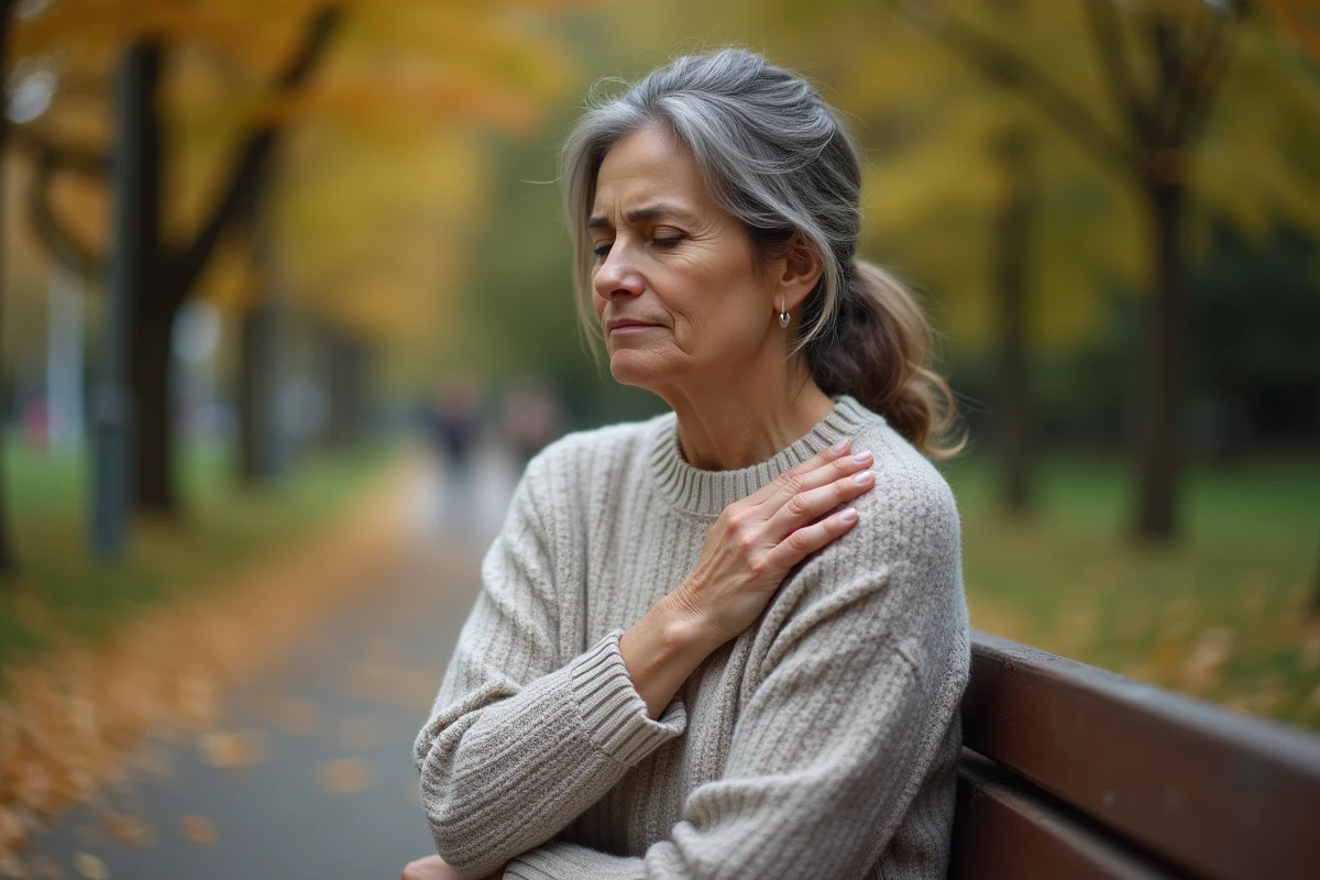 Femme assise sur un banc de parc en automne se massant l