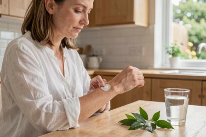 Femme appliquant un patch minceur détox sur son poignet dans une cuisine moderne