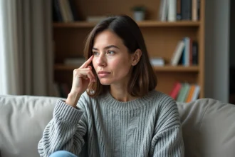 Femme pensive dans un salon cosy et minimaliste