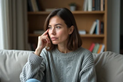 Femme pensive dans un salon cosy et minimaliste