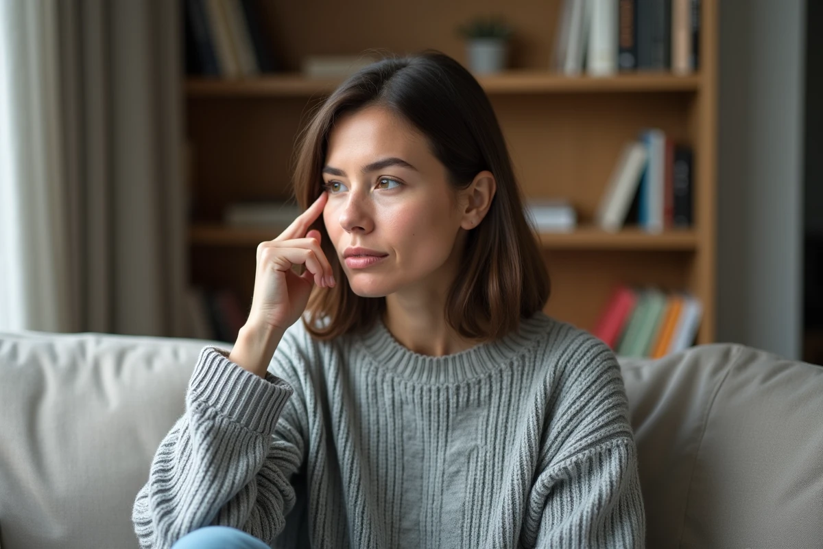Femme pensive dans un salon cosy et minimaliste