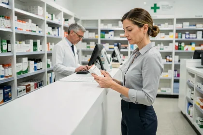Femme en pharmacie examinant une boîte de compléments minceur Indiva System au comptoir