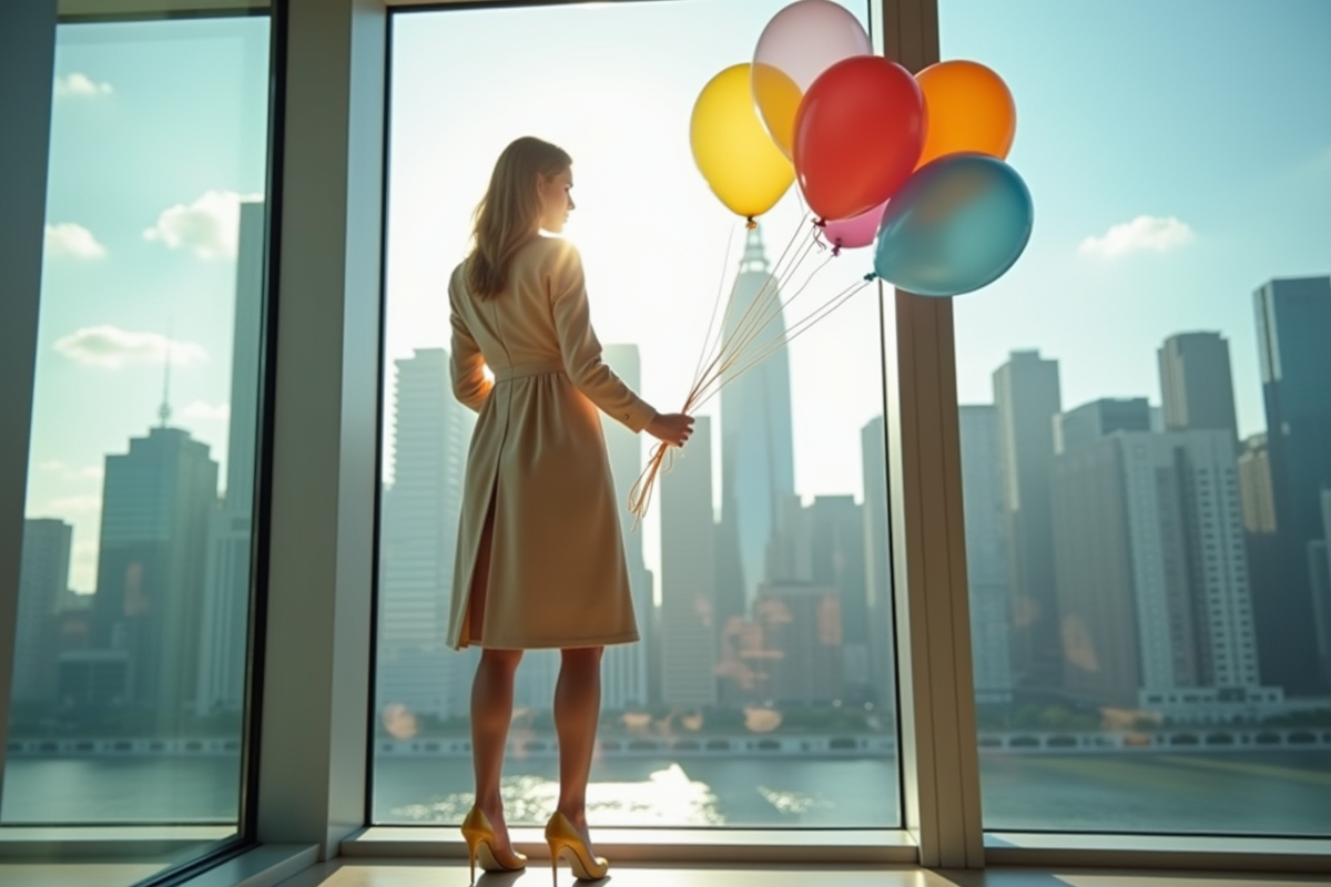 Femme élégante dans un bureau moderne tenant un ballon coloré