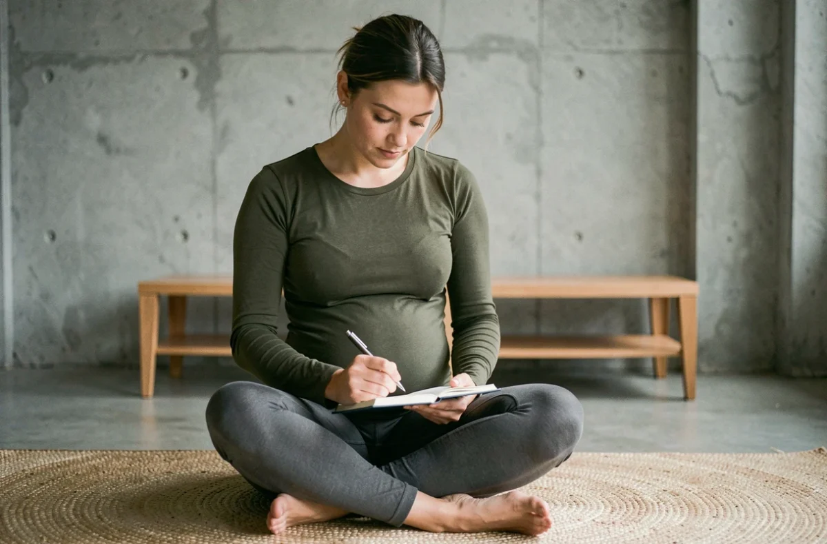 Femme en post-partum assise en tailleur sur un tapis de yoga, prenant des notes sur ses objectifs corporels sans pression