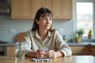 Femme d'âge moyen tenant des pilules dans une cuisine calme
