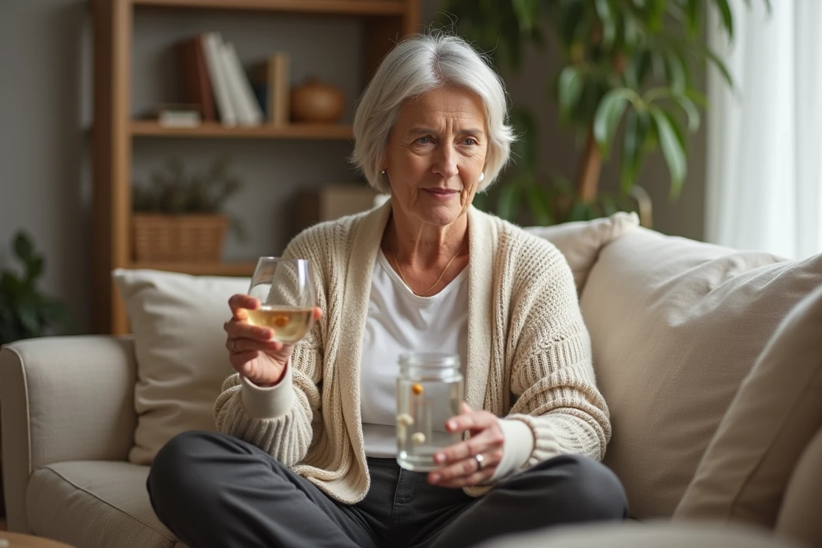 Femme prenant un probiotique avec un verre d'eau dans son salon cosy