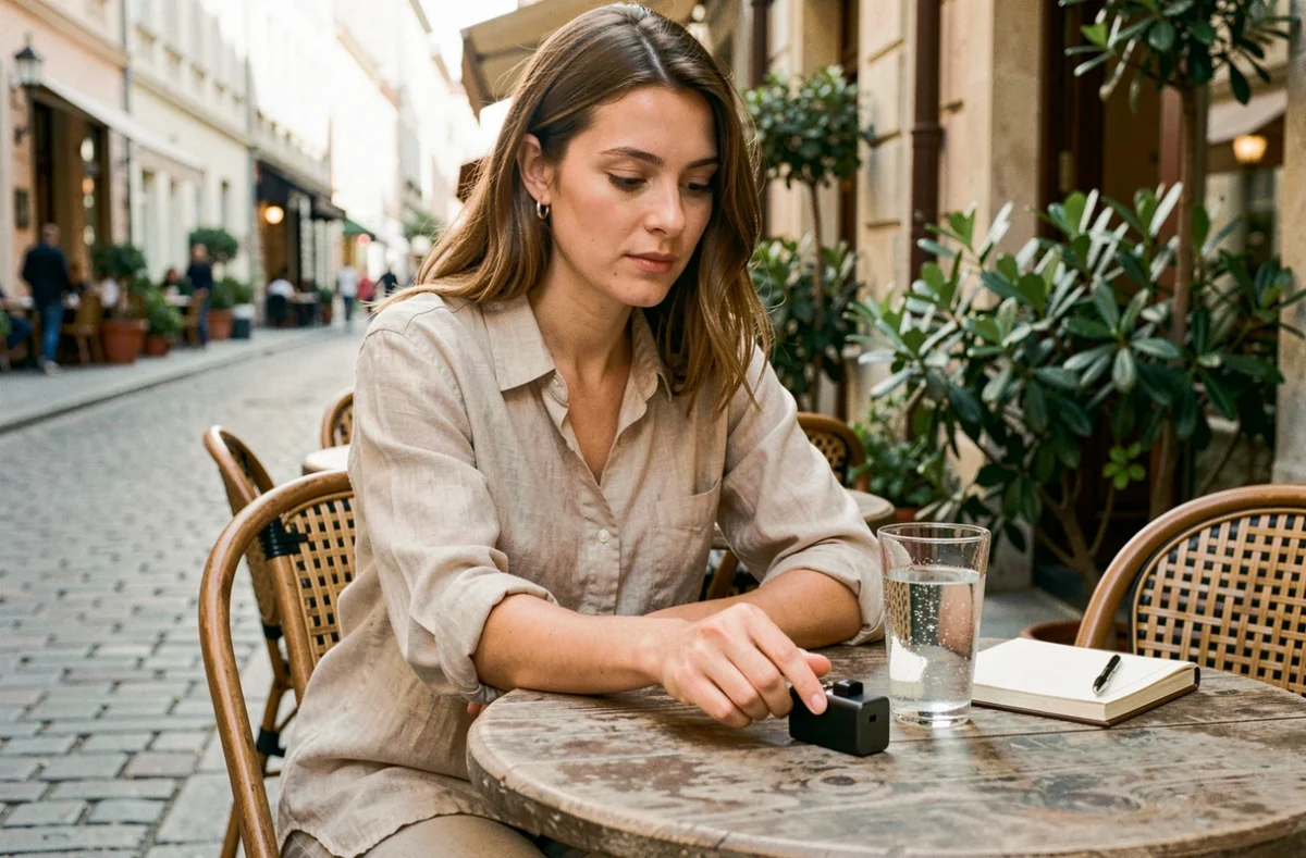 Femme posant une cigarette électronique Puff 9K sur une table de café en terrasse, conseils pour prolonger l'autonomie de la puff