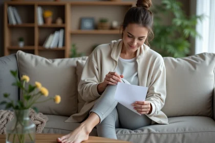 Femme assise sur un canap&eacute; remplissant un questionnaire m&eacute;dical