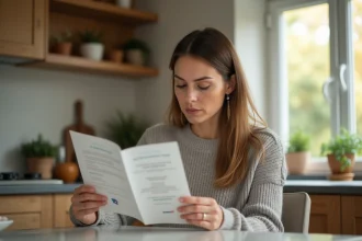 Femme lisant une brochure médicale sur les troubles intestinaux