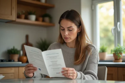 Femme lisant une brochure médicale sur les troubles intestinaux