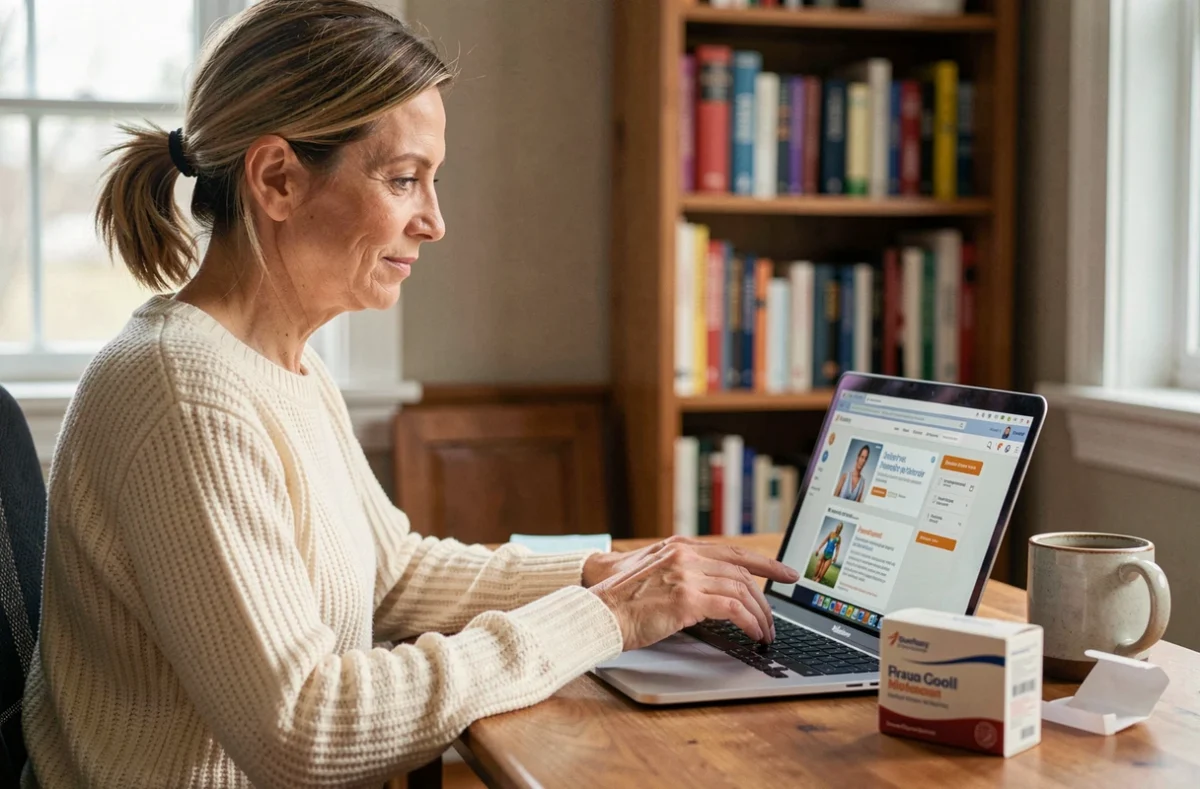 Femme consultant des informations sur le programme minceur Indiva System sur son ordinateur portable à domicile