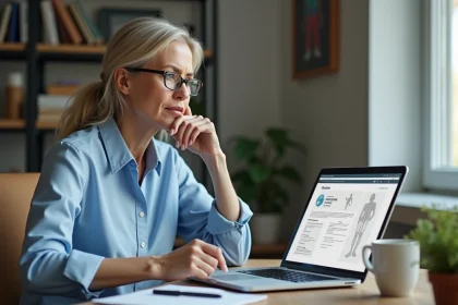 Femme d'&acirc;ge moyen en bureau &agrave; domicile en pleine recherche m&eacute;dicale