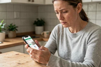 Femme cherchant la pharmacie de garde sur son smartphone dans une cuisine française