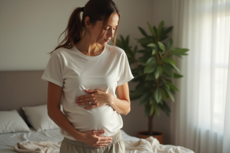 Femme sereine touchant son ventre dans une chambre chaleureuse
