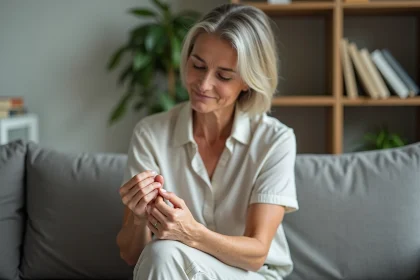 Femme d'&acirc;ge moyen examinant ses bras avec des motifs marbr&eacute;s