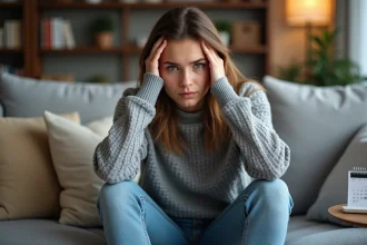 Jeune femme pensive dans un salon cosy pour article sur le titre