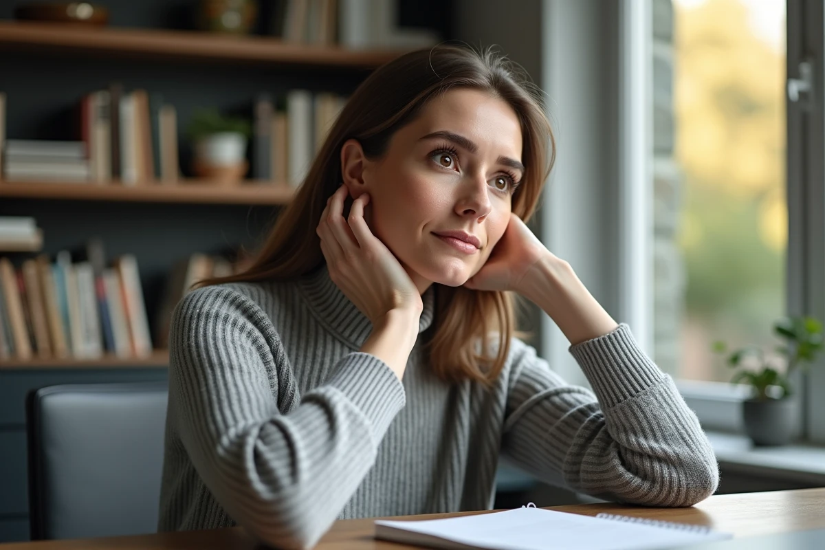 Femme en réflexion dans un bureau à domicile