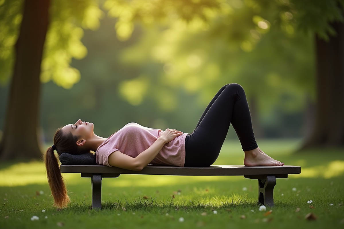 Femme allongée dans un parc en position de relaxation avec les jambes sur un banc