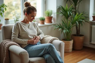 Femme assise dans un salon cosy avec compresse aux herbes