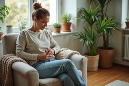 Femme assise dans un salon cosy avec compresse aux herbes