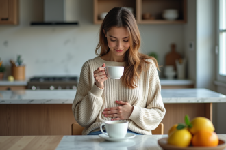 Jeune femme détendue buvant du thé à la menthe dans la cuisine