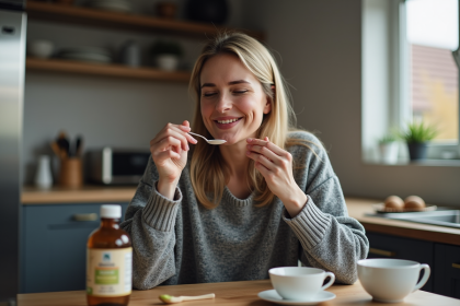 Femme d'âge moyen prenant du sirop contre la toux