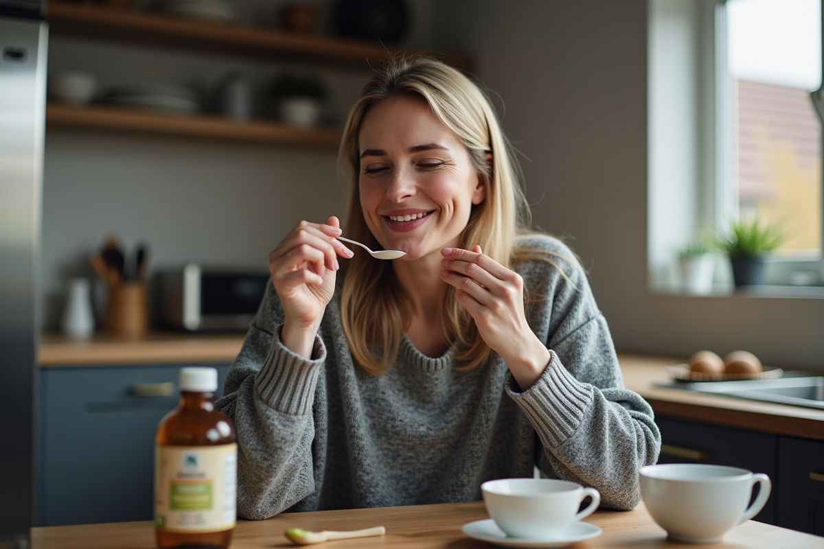 Femme d'âge moyen prenant du sirop contre la toux