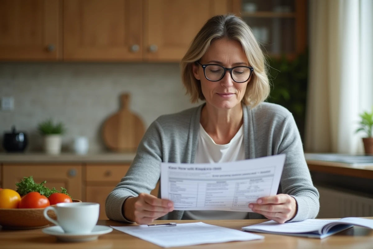 Femme consultant les documents de remboursement mutuelle pour le programme Comme J'aime à la maison