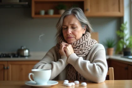 Femme d'&acirc;ge moyen portant un foulard dans la cuisine
