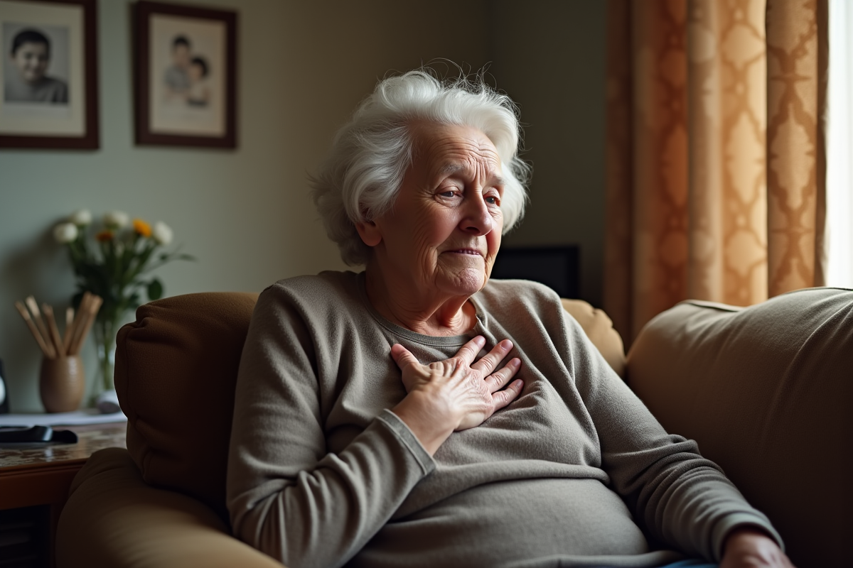 Femme âgée respirant en étant assise dans son salon