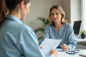 Femme de 45 ans consultant ses résultats d'analyse sanguine avec un VGM élevé chez le médecin