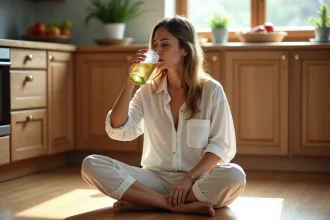 Femme en détente buvant de l'eau infusée dans la cuisine