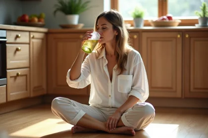 Femme en détente buvant de l'eau infusée dans la cuisine