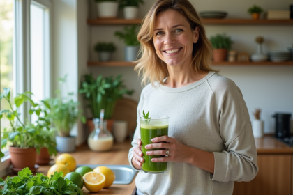 Femme souriante avec un jus vert dans une cuisine lumineuse