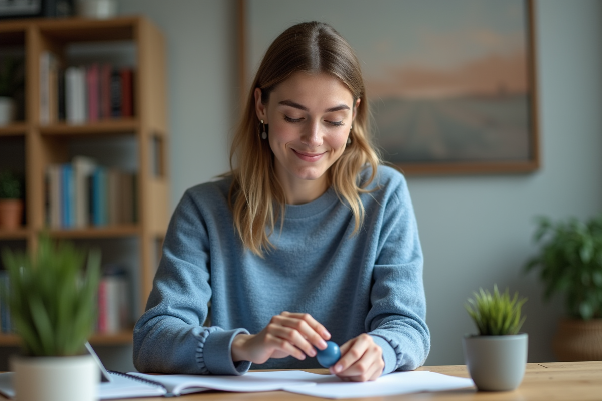 Femme concentrée utilisant un stim toy dans un espace de travail moderne