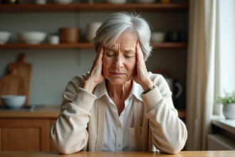 Femme âgée souffrant de maux de tête assise dans sa cuisine, tenant sa tempe avec une expression de gêne discrète