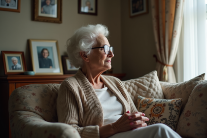 Femme senior contemplant par la fenêtre dans un salon chaleureux