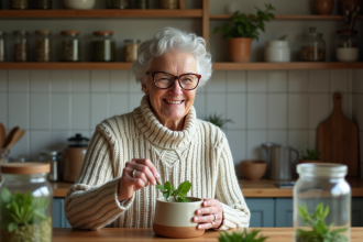 Femme senior pr&eacute;parant une tisane aux herbes dans une cuisine rustique