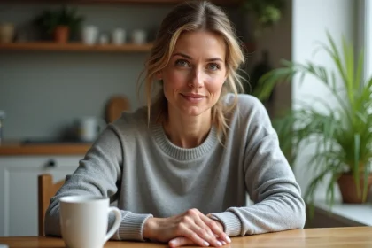Femme examinant son ongle dans une cuisine lumineuse