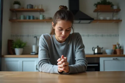 Femme concentr&eacute;e sur son rythme cardiaque dans la cuisine