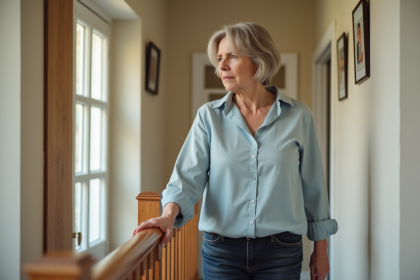 Femme d'âge moyen dans un couloir intérieur avec rampe en bois