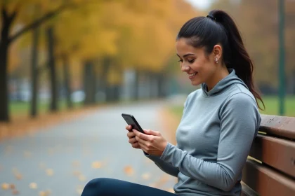 Femme sportive assise sur un banc de parc consultant une application de conversion de pas en kilomètres sur son smartphone après une course
