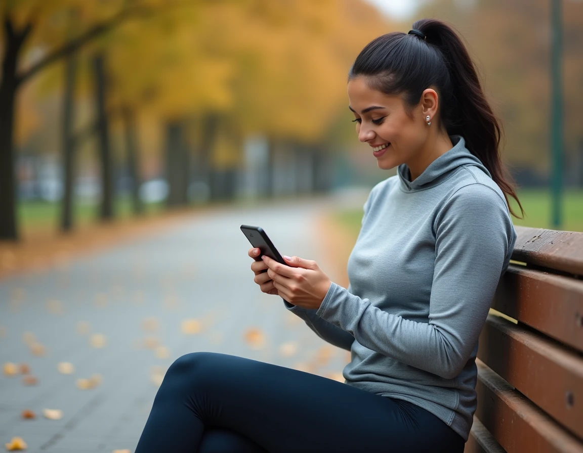 Femme sportive assise sur un banc de parc consultant une application de conversion de pas en kilomètres sur son smartphone après une course
