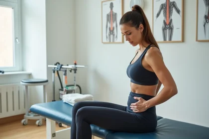 Femme sportive en consultation physiothérapie pour douleur au coccyx, assise sur une table médicale